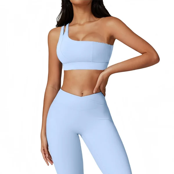 2 Pieces Yoga Set Women,KANG One Shoulder Double Suspender Sports Bra High Waisted Flared Leggings Fitness Set，Sky Blue M