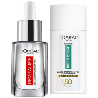 L’Oreal Paris Revitalift Hyaluronic Acid Serum and Bright Reveal SPF 50 Sunscreen Lotion Set