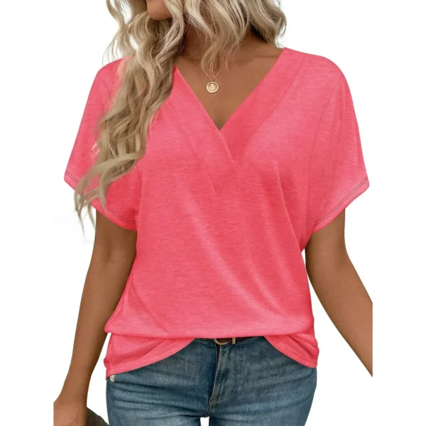 MOSHU Deep V Neck Womens Tops Curved Hem Shirts for Women Fashion Trendy Blouses Casual Loose Fit Tees Tops